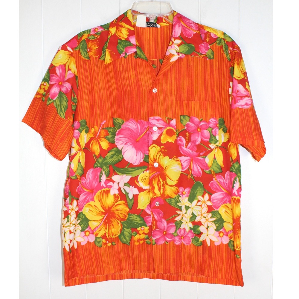 Liberty House Hawaii VTG 60s Hawaiian Pomare Barkcloth Shirt M Neon Button Up‎